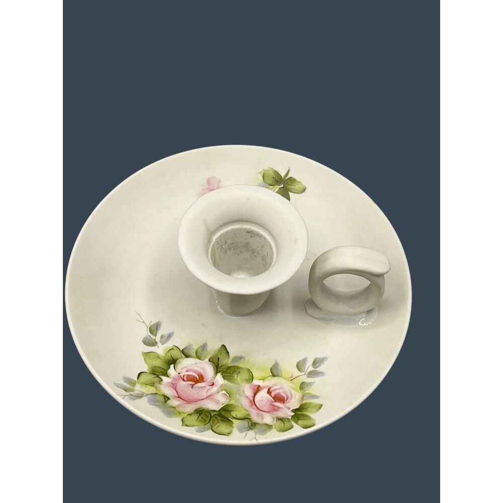 Vtg Hand-Painted Floral Porcelain Chamberstick Candle Holder Cottage Shabby Chic